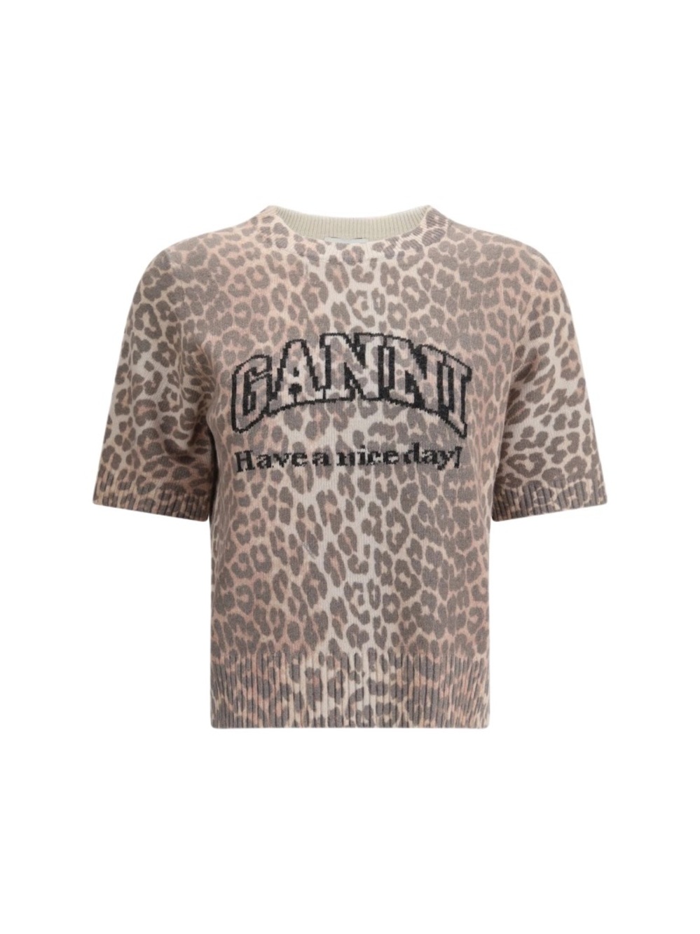 Ganni Beige and Brown Leopard Short Sleeve Knit Sweater